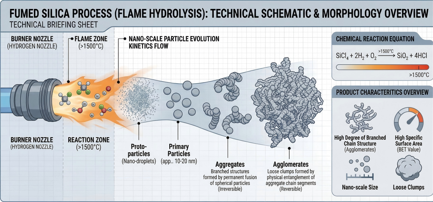 Schematic of fumed silica particle formation process from burner to agglomerates