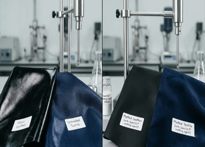 Leather and textile finishes matting effect demonstration using fumed silica matting agent, comparing untreated vs matted surfaces